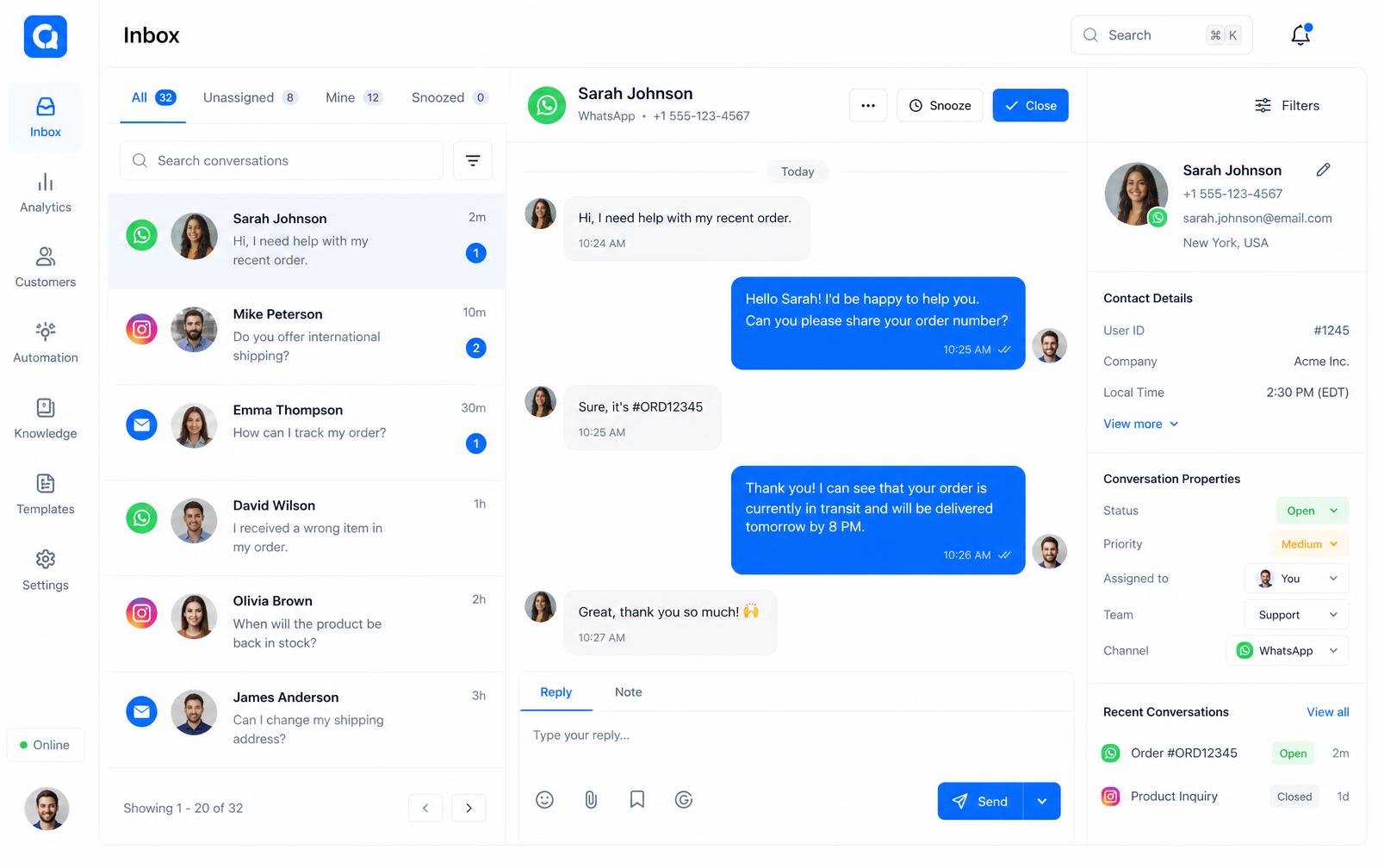 Caixa de entrada do FinderChat com conversas de WhatsApp, Instagram e e-mail